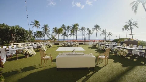 Very beautiful tables set prepearing for wedding celebration outdoors near Stock Footage 101116534