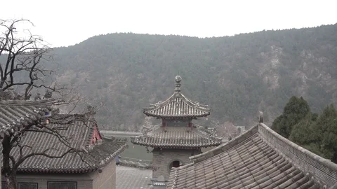Very characteristic chinese rooftops in front of a huge river during the winter Stock Footage 125338653