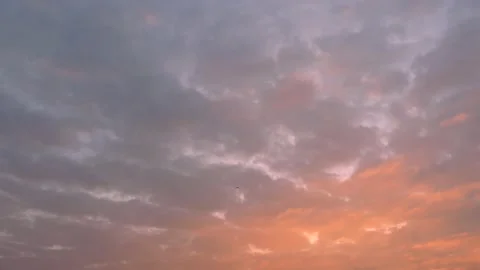 Very cloudy sky at sunrise with flying birds - background - real time Stock Footage 143330223