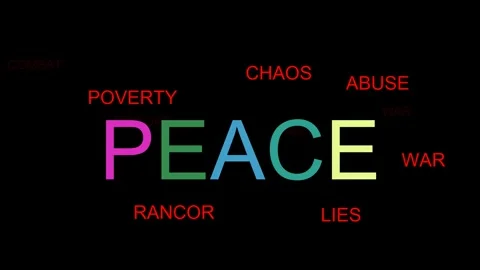 Very colorful PEACE word that changes color and gets bigger and under all the wo Stock Footage 304905073