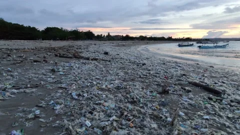 Very Dirty Beach Tons of Plastic Trash Environmental Disaster Bali Indonesia Stock Footage 146055238