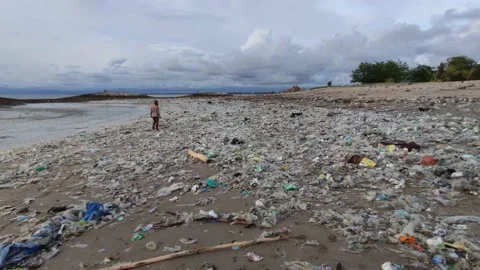 Very Dirty Beach Tons of Plastic Trash Environmental Disaster Bali Indonesia Stock Footage 146056452