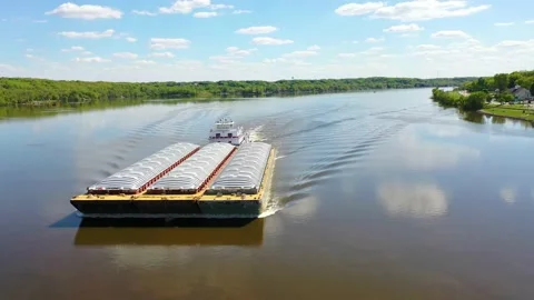Very good drone aerial along the Mississippi River at Le Claire, Iowa of old Stock Footage 155784553