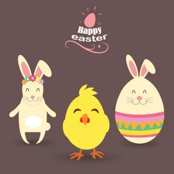 Very happy Easter. Easter Bunny, Egg with ears, Chicken, Vector 스톡 일러스트