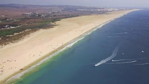 Very high drone perspective on extreme sports - kitesurfing beach tarifa Stock Footage 167554389