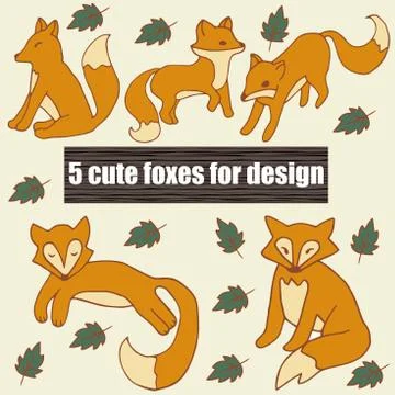 Very high quality original set with five cute foxes for design, Stock Illustration