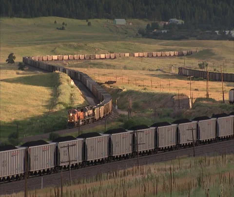 Very long coal train twists and turns past stopped coal train on grassy plain. Stock Footage 86692484