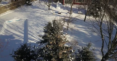 Very low altitude drone flight in pristine snow covered suburban backyard. Video stock 83794647