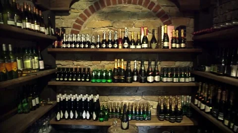 Very Many Bottles in Wine Cellar in the Hotel Restaurant Stock Footage 262562844