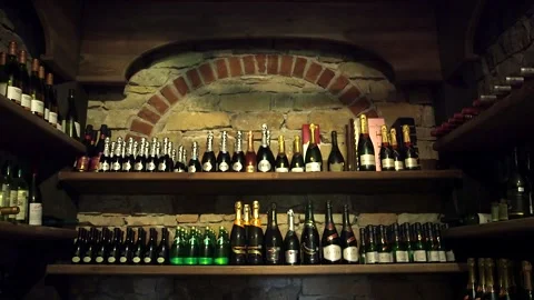 Very Many Bottles in Wine Cellar in the Hotel Restaurant Stock Footage 262562849