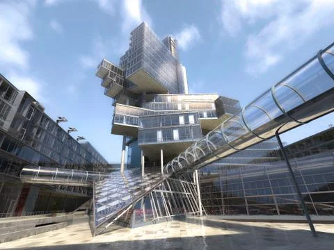 Very modern architectural building structure, made of glass and steel. Ilustración de archivo