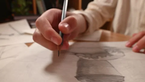 A very nice close-up view of the hands of a novice artist improving his drawing 動画素材 273985806