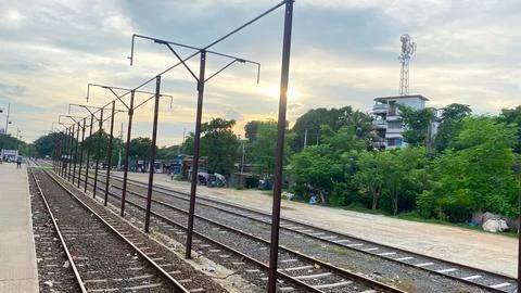 A very nice view of the train station at the sun set moment Stock Photos