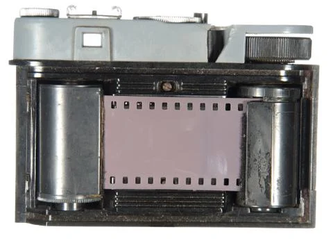 Very old classic camera, rear view, cover removed, the body is divided, isola Stock-Fotos