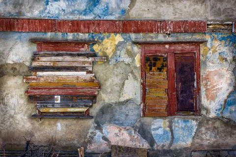 Very old wall with boarded up Windows Stock Photos
