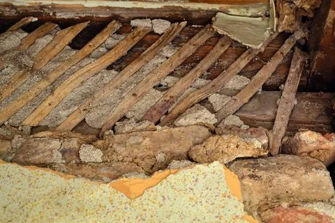 Very old wall texture made of wood, mud and straw Stock Photos