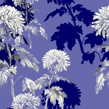 Very peri floral seamless pattern with close-up chrysanthemum. Stock Illustration