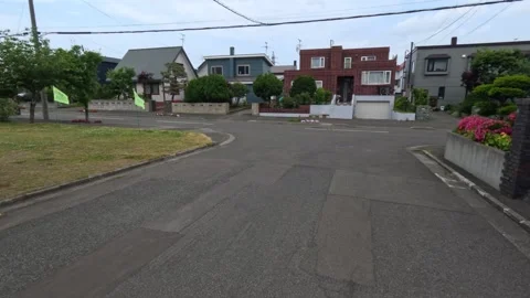 Very quiet empty clean street in Sapporo, Hokkaido, Japan. Many flowers, trees Stock-Footage 251553882