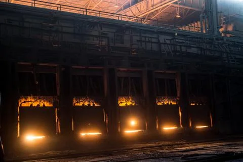 Very rare close view of working open hearth furnace Stock Photos