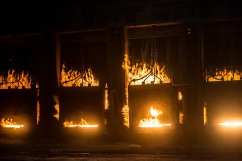 Very rare close view of working open hearth furnace Stock Photos