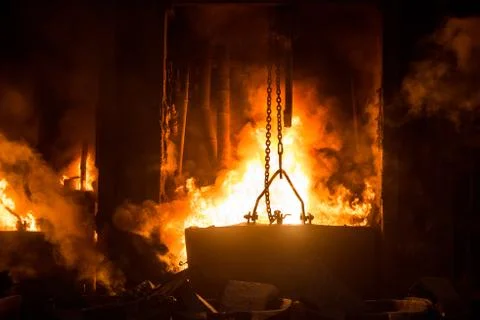 Very rare close view of working open hearth furnace Stock Photos