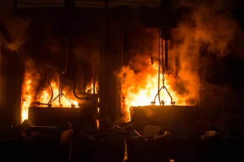 Very rare close view of working open hearth furnace Stock Photos