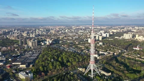 Very smooth flight at a high altitude over Kiev with a view of the TV tower Stock Footage 165078148