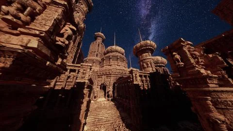 A very tall building with a sky full of stars in the background Ilustración de archivo