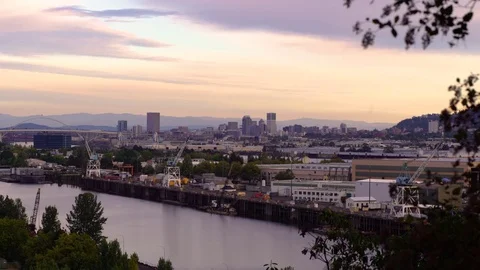Very Wide Shot of Downtown Portland, OR Skyline From Industrial Area Stock Footage