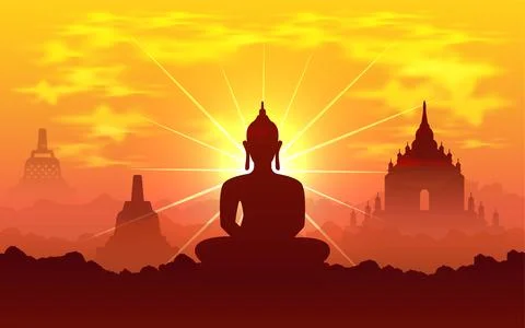 Vesak Day background vector illustration with temple and shinny Lord Buddha Stock Illustration
