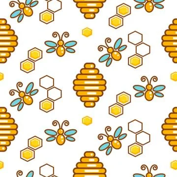 Vespiary and bees seamless vector outline pattern Illustrazione stock