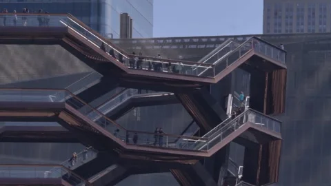 The Vessel Building Very Up Close View and Clockwise Pan of Visitors Stock Footage 246645409
