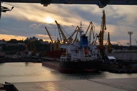 Vessel dry cargo on loading, unloading in port. Bulker in port. 스톡 사진