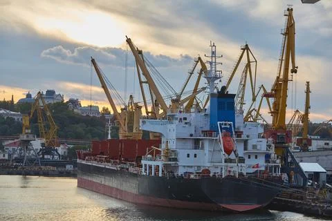 Vessel dry cargo on loading, unloading in port. Bulker in port. Stock-Fotos