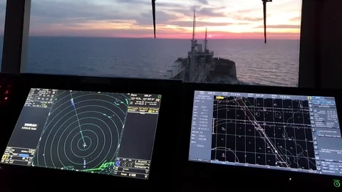 Vessel navigation system with displays in control room Stock Footage 113189548