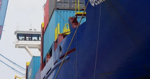 Vessel rests at port surrounded by cranes lifting containers Vídeos de archivo 320773608