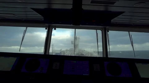 Vessel in storm. View from navigational bridge. Ship climb up wave. A lot of Stock Footage 274386951