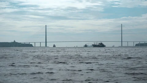 Vessels are in raid. Huge cable-stayed bridge over Strait. Many vessels in Stock Footage 262227833
