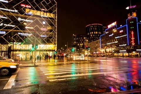 Vesterbrogade Centre of Copenhagen At Night With Traffic Timelapse Stock Footage