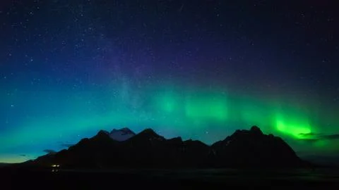Vestrahorn mountain with Aurora borealis, Stokksnes, Iceland Stock Photos