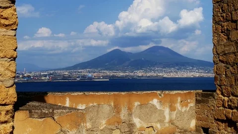 Vesuvius Volcano Behind Naples framed by ruins Stock Footage 75157628