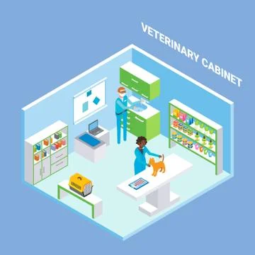 Vet cabinet cutaway interior vector flat isometric illustration Stock Illustration