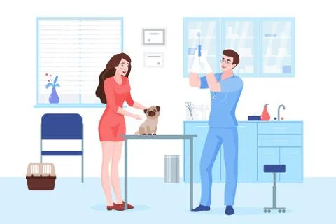 Vet clinic visit flat vector illustration. Cheerful young woman with pug and 库存插图