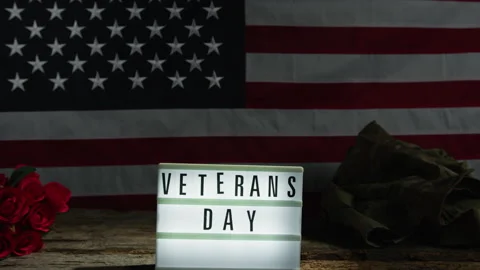 Veterans Day light panel with USA flag in the backgorund Stock Footage 253811900