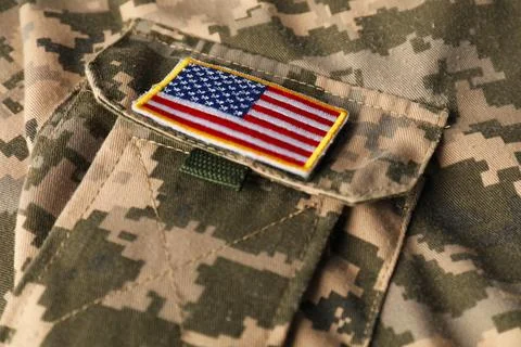 Veterans day. USA army patch on military uniform, closeup Stock Photos