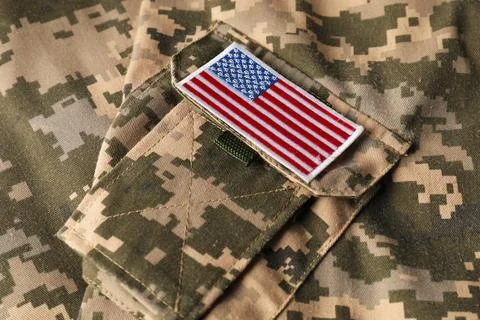 Veterans day. USA army patch on military uniform, closeup Stock Photos