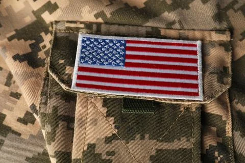 Veterans day. USA army patch on military uniform, closeup Stock Photos