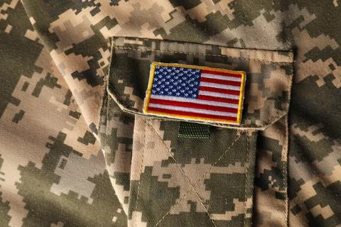 Veterans day. USA army patch on military uniform, closeup Stock Photos