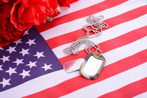 Veterans Day USA Flag with dog tags Stock Photos
