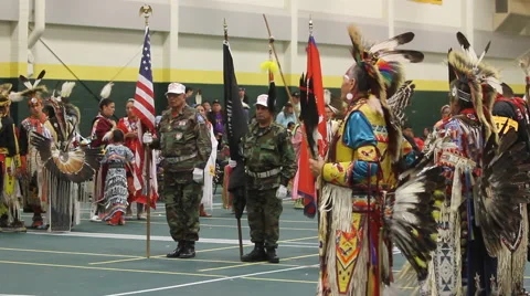 Veterans present flags after pow wow grand entry Stock Footage 40344858